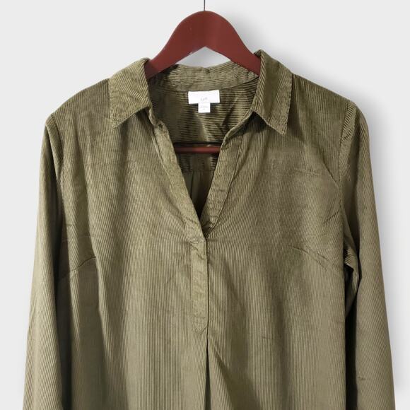 SOLD-J.Jill Corduroy Split Neck Popover Tunic Top Green Sz Medium Minimalist - Picture 2 of 15